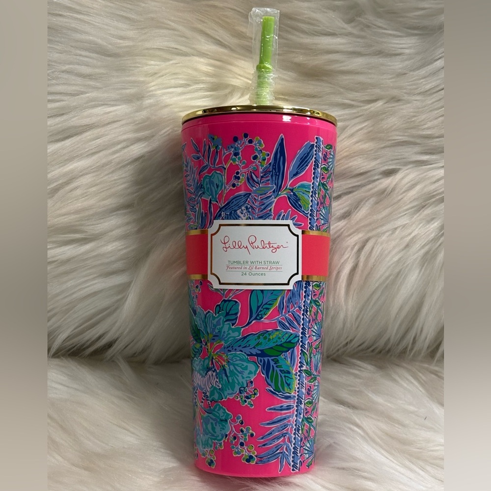 Lily Pulitzer Pink Floral Tumbler with Straw 24 Oz NWT